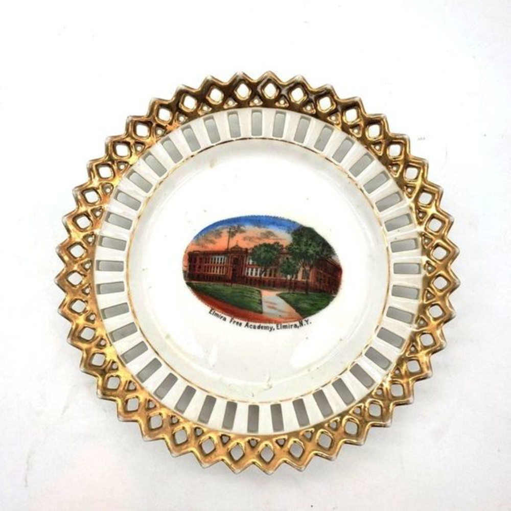 Vtg Elmira Free Academy Souvenir Plate Porcelain NY Lace Edge Reticulated German